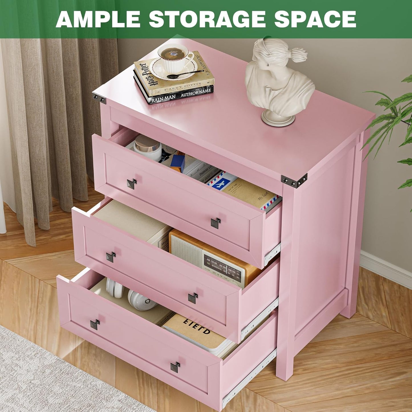 Dresser for Bedroom with 3 Drawers, Small Chests of Drawers, 27.55" Wide Farmhouse Wood Nightstand Bedside Cabinet End Table, Modern Closet Storage Organizer for Living Room, Entryway, Hallway, Pink