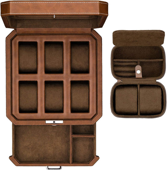 Gift Set 6 Slot Leather Watch Box with Valet Drawer - Luxury Watch Case Display Organizer, Microsuede Liner, Locking Jewelry Box, Mens Storage Boxes Holder Large Glass Top (Tan/Brown Gift Set)