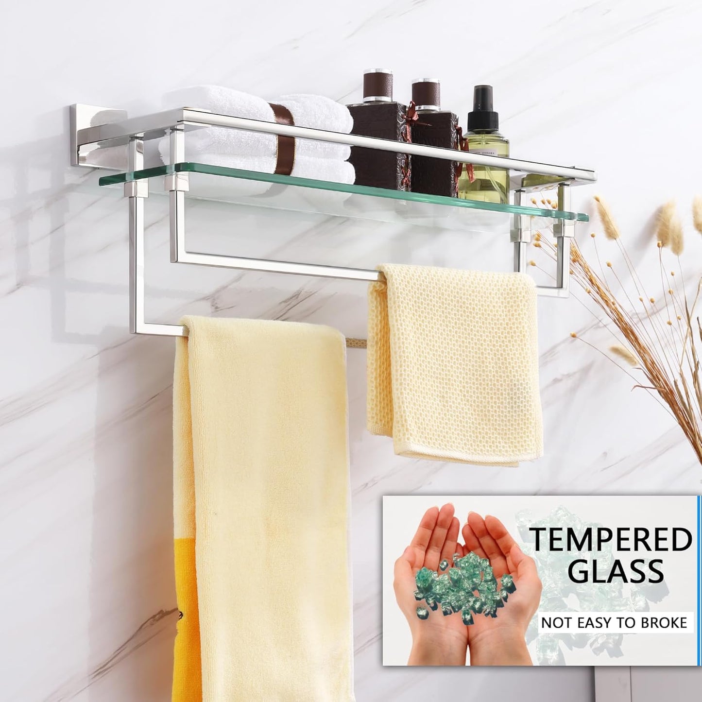 LANC Bathroom Shelf with Towel Bars - 20-Inch Silver Floating Tempered Glass Shelves with 2 Rails for Bathroom Kitchen Accessories Organizer Glass Rack Wall Mount Stainless Steel Chrome, A7617CP