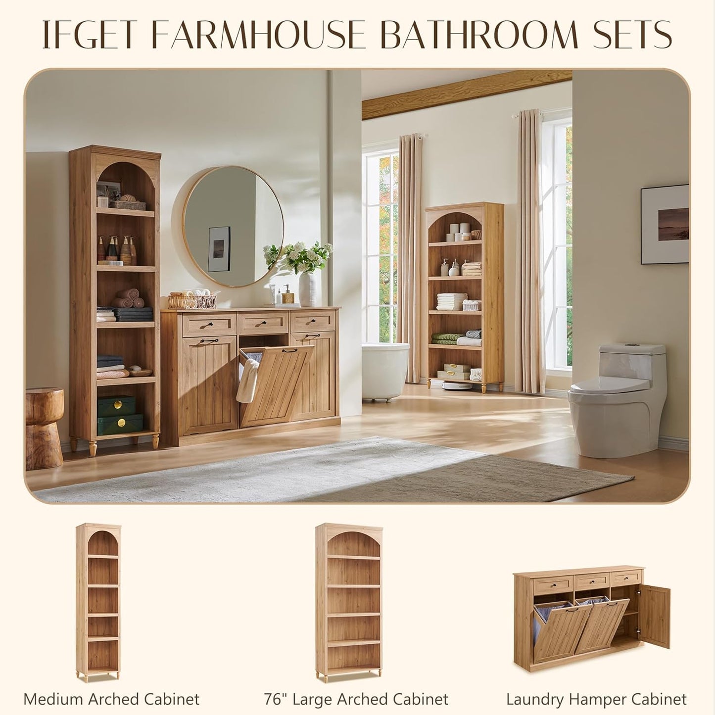 Triple Tilt Out Trash Can Cabinet, 20 Gallon Farmhouse Laundry Hamper Cabinet w/3 Drawers & Adjustable Shelf, Hidden Wooden Trash Can Cabinets with Storage Basket for Kitchen (Natural)