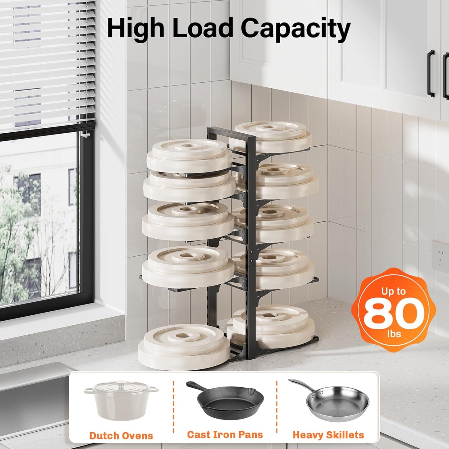 MUDEELA 10-Tier Pots and Pans Organizer under Cabinet, 23.62" Height Heavy Duty Pot and Pan Organizer Kitchen Cabinet Organization and Storage, Adjustable Pot Rack for Frying Pan, Cast Iron Skillet