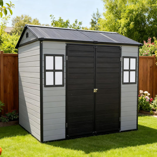 8x6ft Resin Outdoor Storage Shed with Floor and 2 Windows, Plastic Sheds & Outdoor Storage Clearance for Patio Furniture, GardenTools, Bike Accessories and Lawn Mower, Black+Grey