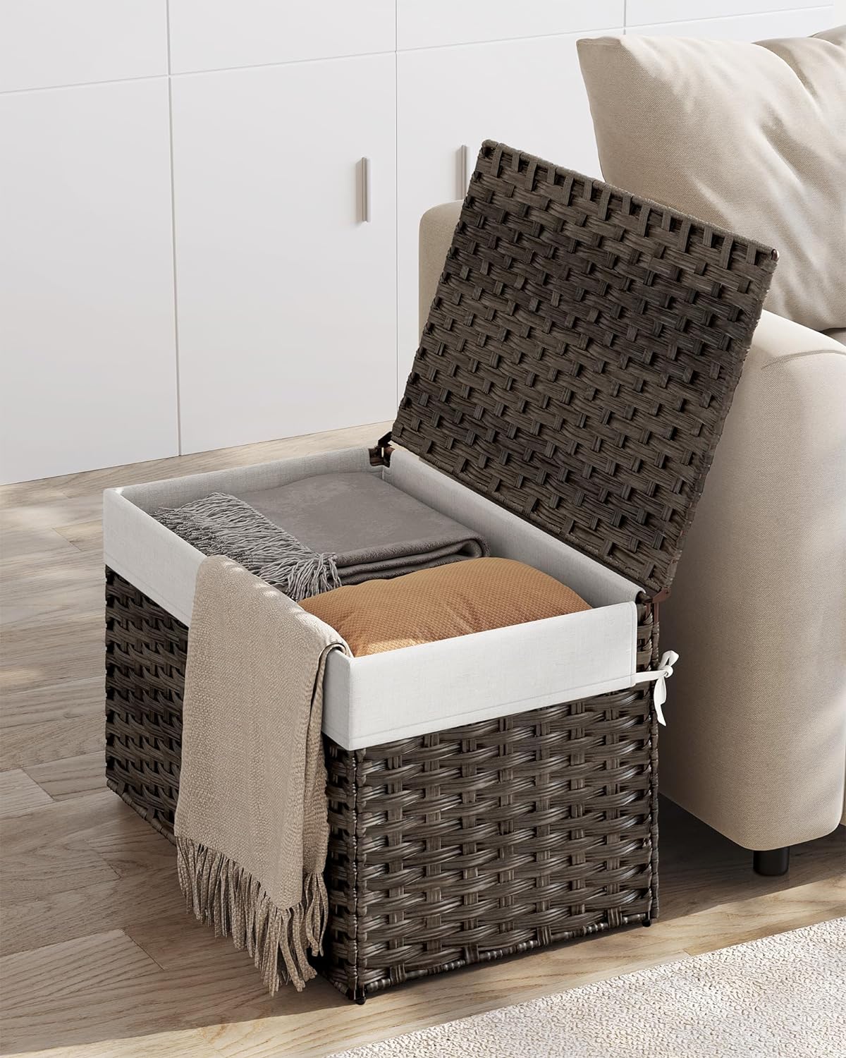 SONGMICS Storage Basket with Lid, Woven Blanket Storage Bin with Handles, Foldable, Removable Liner, Metal Frame, for Bedroom, Laundry Room, 27.7 Gallons (105 L), Brown URST066K01