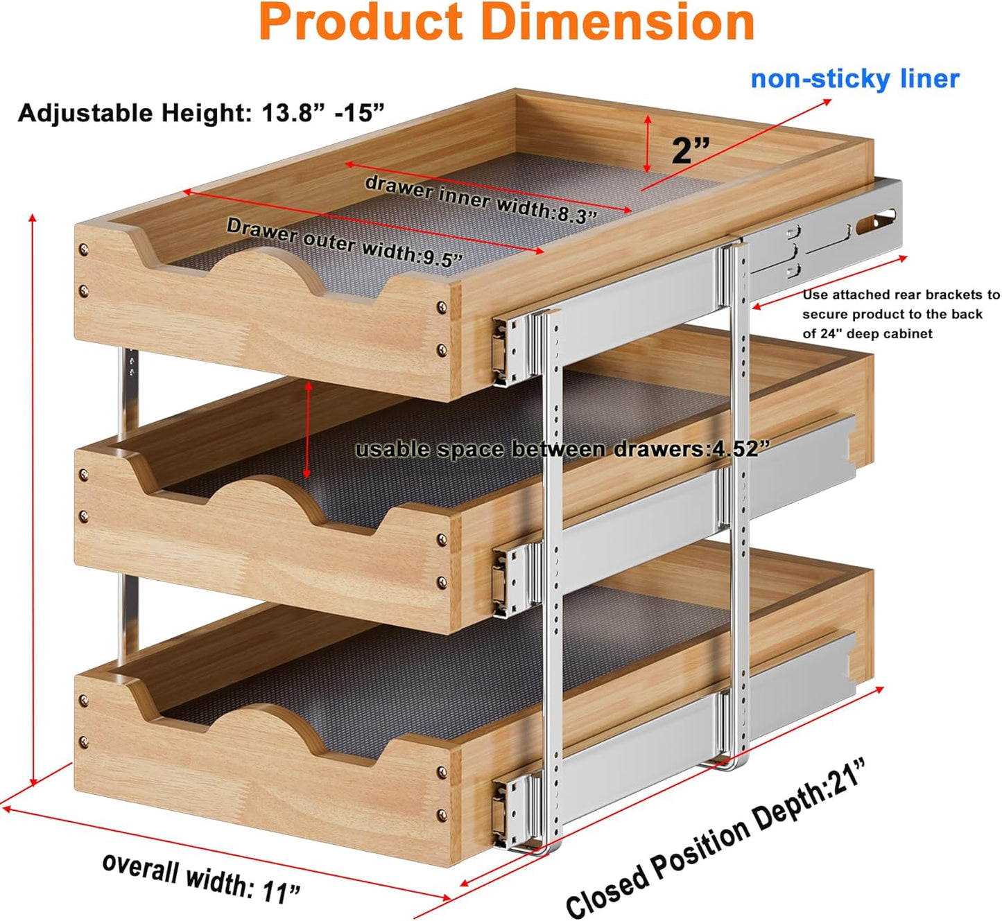DINDON 3 Tier Pull Out Cabinet Organizer 11” W X21” D Slide Out Wood Drawer With Shelf Liner For Kitchen Pantry Organization