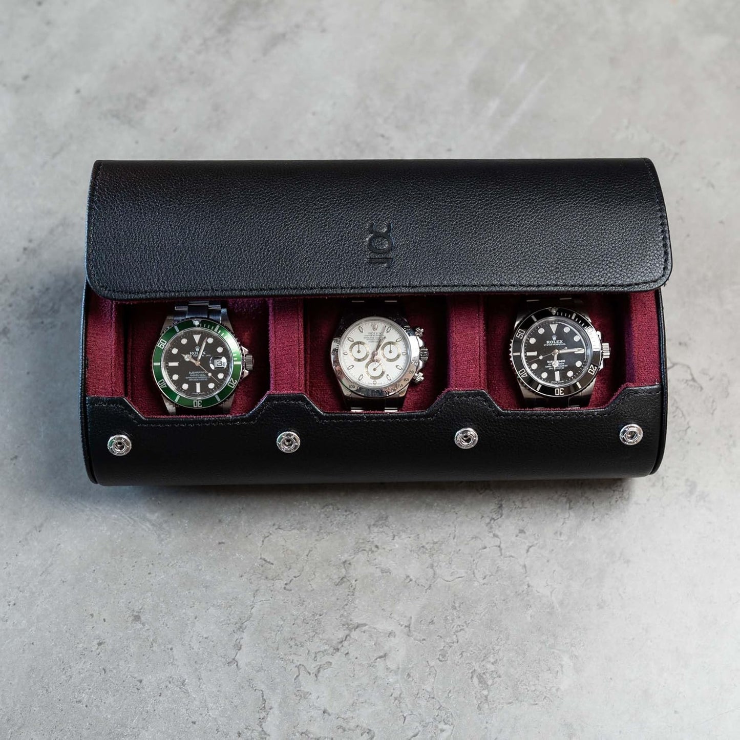 DailyWatch | Watch Roll Travel Case For 3 Watch | Luxury Watch Case In Genuine Black Leather With Soft Velvet Interior | Watch Case Protect, Store, & Display Your Watches | Black Cherry