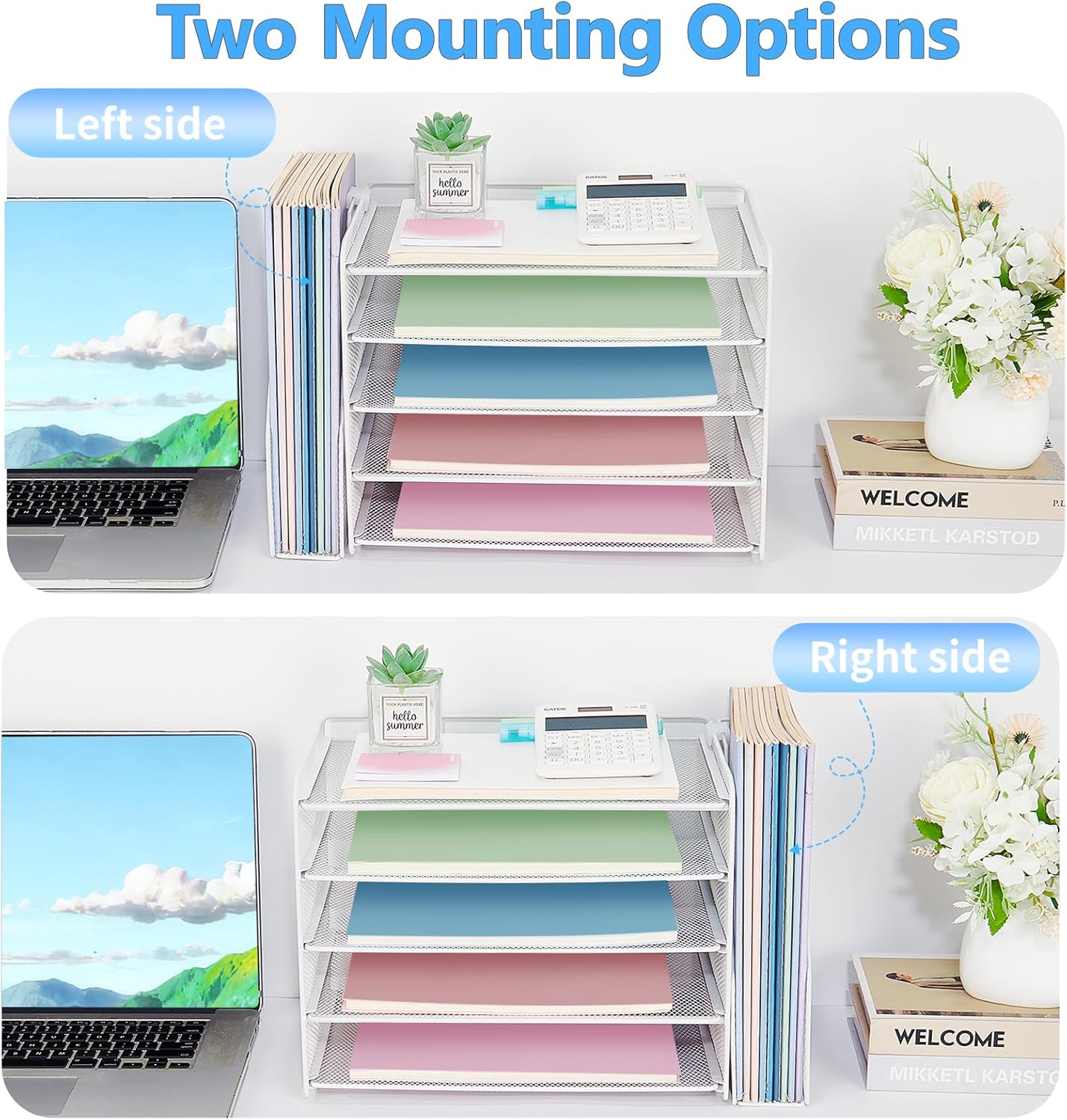 OPNICE 5-Tier Paper Organizer with Magazine Holder, Desk Organizers and Accessories, Office Desk Accessories & Workspace Organizers, Desktop File Organizer for Office Supplies Storage, White