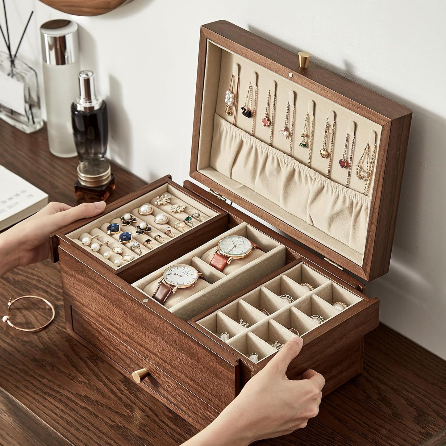 Wooden Jewelry Box for Women, 3 Level Multi-functional Drawers Black Walnut Jewelry Organizer Box, Watch, Necklace, Ring, Earring Storage - Gifts (No Mirror)