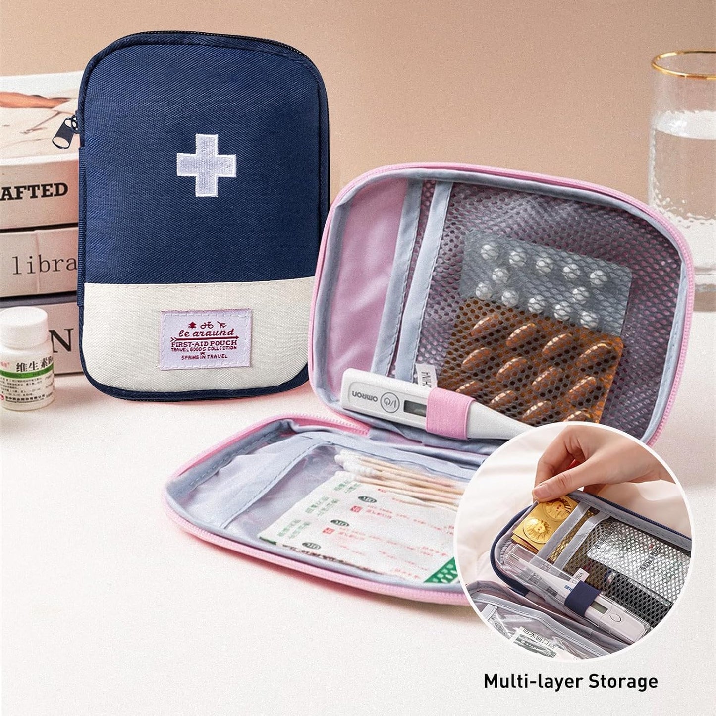2 Packs Travel First Aid Bag,Empty Mini First Aid Pouch,Emergency Medicine Storage Organizer Bag Health and Household Supplies