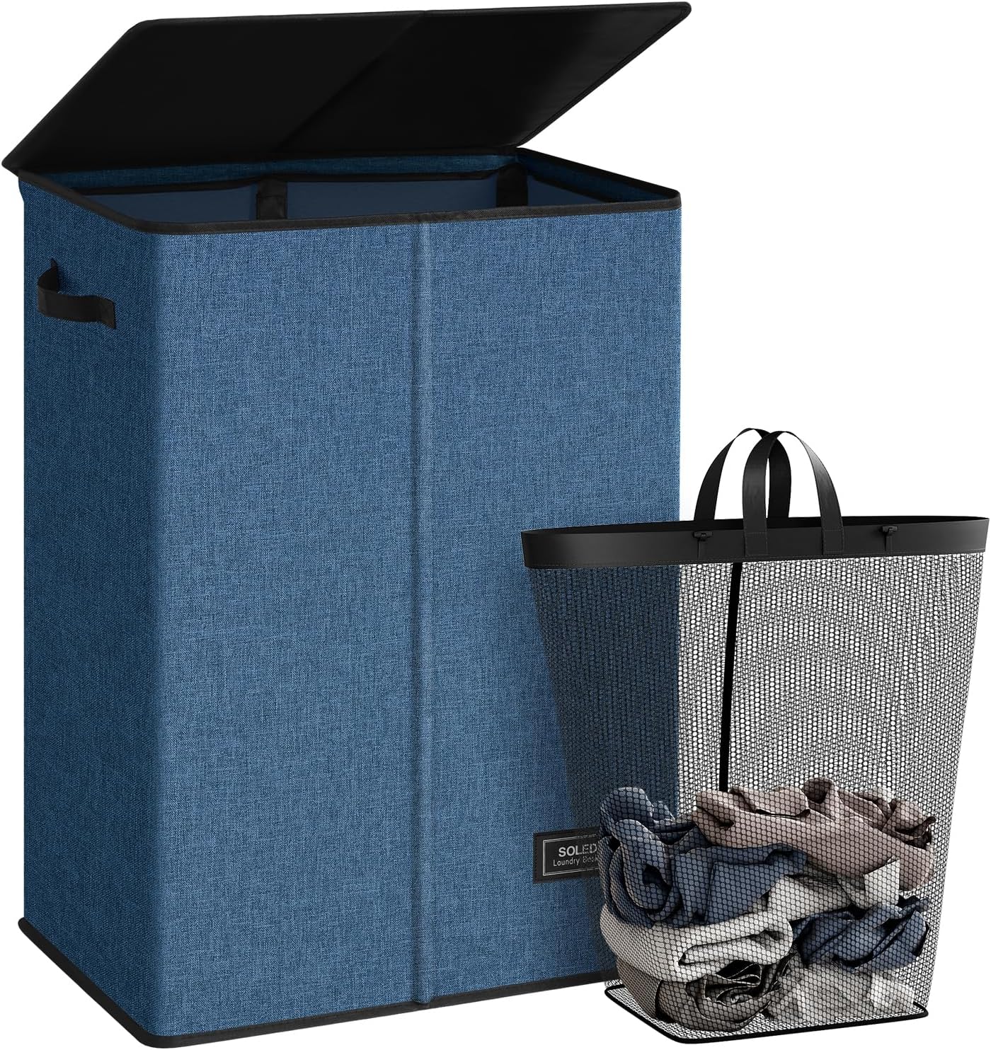 SOLEDI Laundry Hamper with Lid 130L Large & Tall Collapsible Laundry Basket, Clothes Hamper with Bag Removable Easy to Carry, Dirty Hampers for Bedroom, Bathroom, Dorm, College, Blue