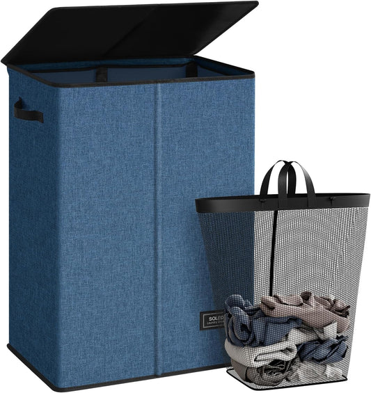 SOLEDI Laundry Hamper with Lid 130L Large & Tall Collapsible Laundry Basket, Clothes Hamper with Bag Removable Easy to Carry, Dirty Hampers for Bedroom, Bathroom, Dorm, College, Blue