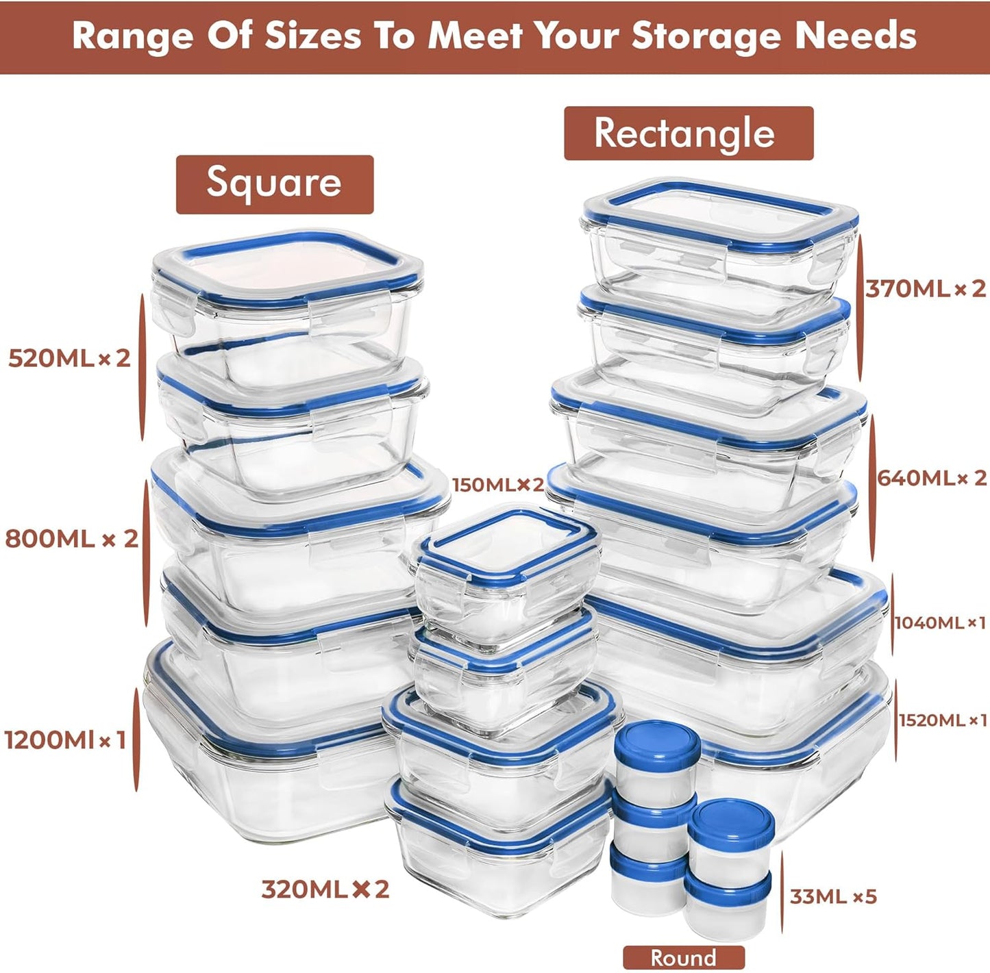 Razab 35 Pc Set Glass Food Storage Containers with Lids - Meal Prep Airtight Bento Boxes BPA-Free 100% Leak Proof (15 lids,15 glass & 5 Plastic Sauce/Dip Containers)