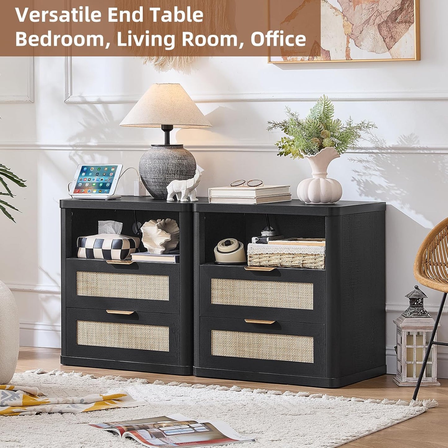 LEYAOYAO Rattan Nightstands Set of 2 with Charger Station, 23" Wide Boho Night Stand with 2 Drawers, Black Bedside Table Open Shlef, Bed Side End Table Dresser for Bedroom, Living Room Hallway