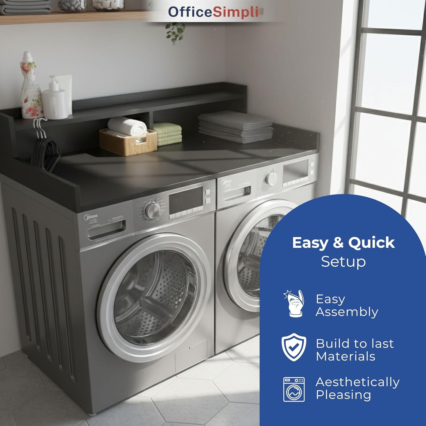 OfficeSimpli Washer Dryer Countertop with Shelf - 27.5 x 54 Inch - Made in USA Laundry Countertop Over Washer and Dryer with Non-Slip Pads, Storage Shelf, Laundry Topper Organizer, Black