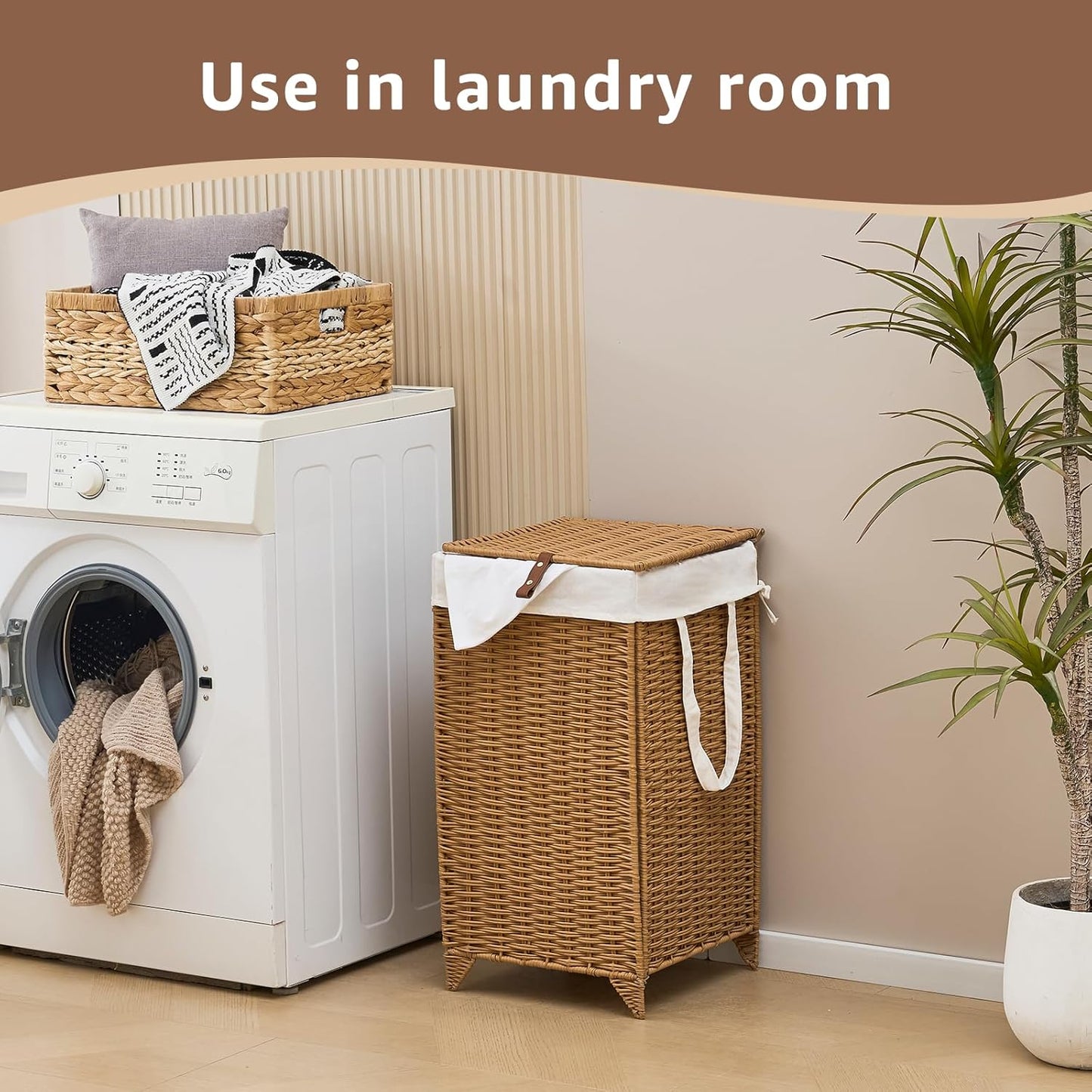 Laundry Hamper with Lid and Removable Liner Bag, Handwoven Rattan Clothes Hamper with Heightened Feet, Wicker Laundry Basket for Clothes and Towels，Small