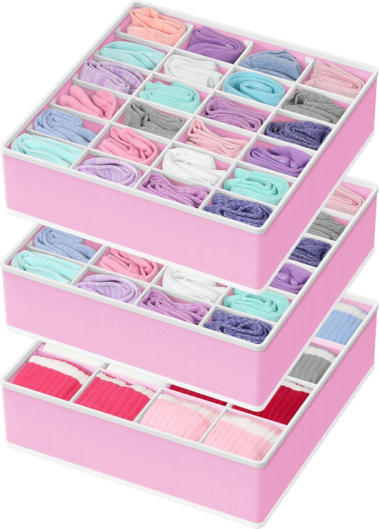 Simple Houseware Sock Drawer Organizer for Dresser/Closet/Bedroom, 3 Pack, Pink