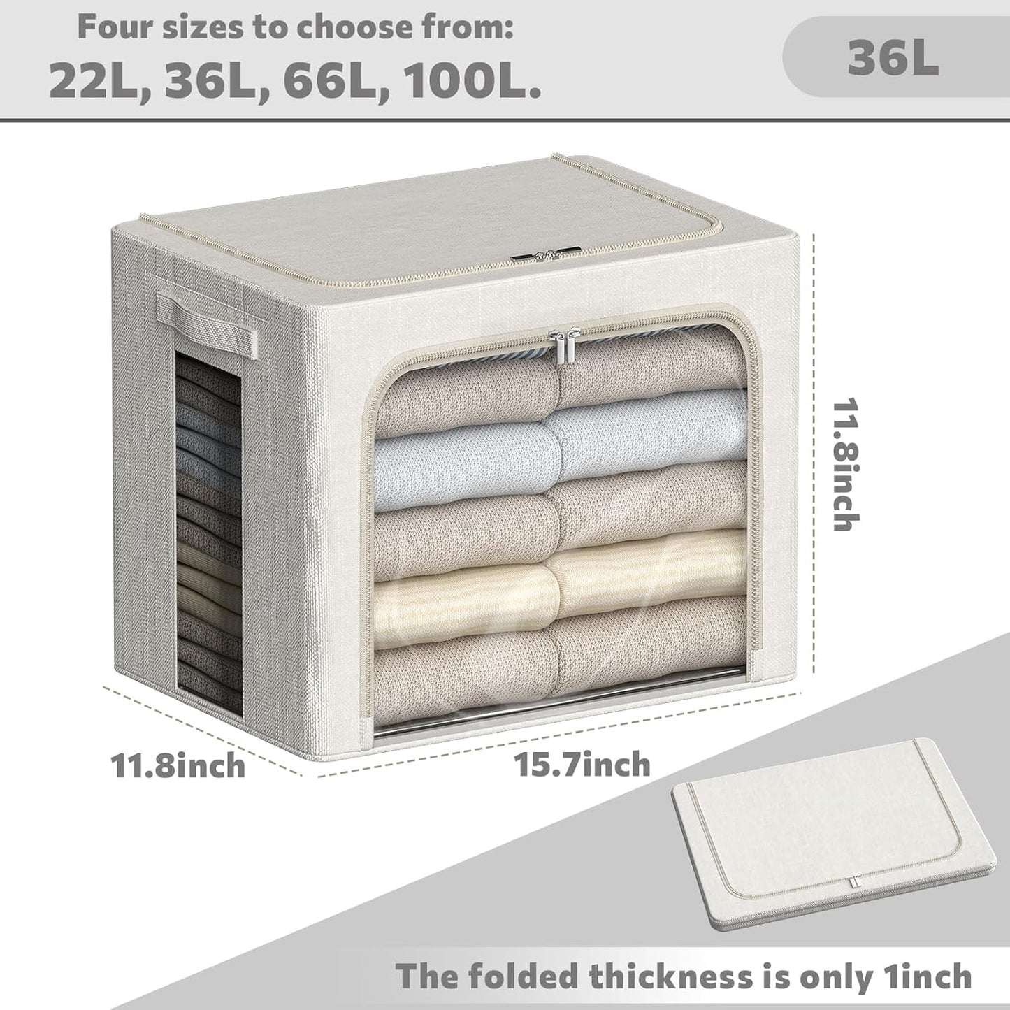 FHSQX 2 Pack Clear Window Storage Bins - Large Stackable Linen Fabric Storage for Clothes Foldable Container Organizer Set with Carrying Handles (Lvory White, 15.7x 11.8x 11.7 Inch)