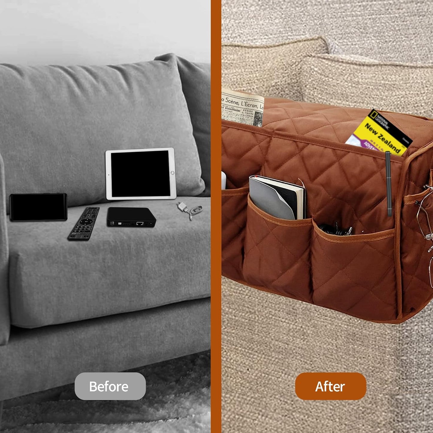 MEHIDFY Armchair Caddy, Waterproof Sofa Armrest Organizer, Non Slip Recliner Organizer, Remote Holder for Recline, Recliner Caddy with 14 Pockets Storage for TV Remote, Phone, Magazine (Brownish Red)