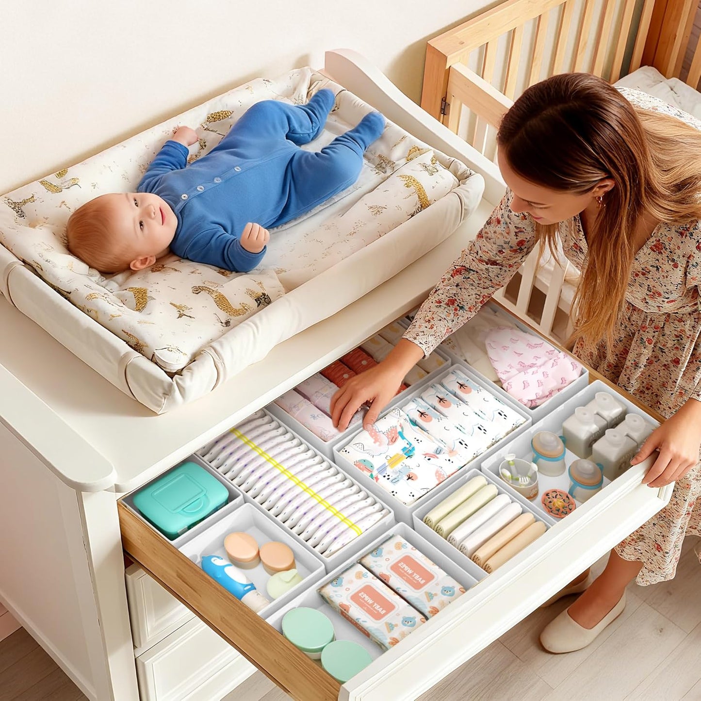 DIMJ Drawer Organizer Clothes Storage - 16 Pack Baby Dresser Organizer for Nursery, Foldable Drawer Dividers for Bedroom Closet Organization, Fabric Storage Bins for Socks, Underwears, Bras