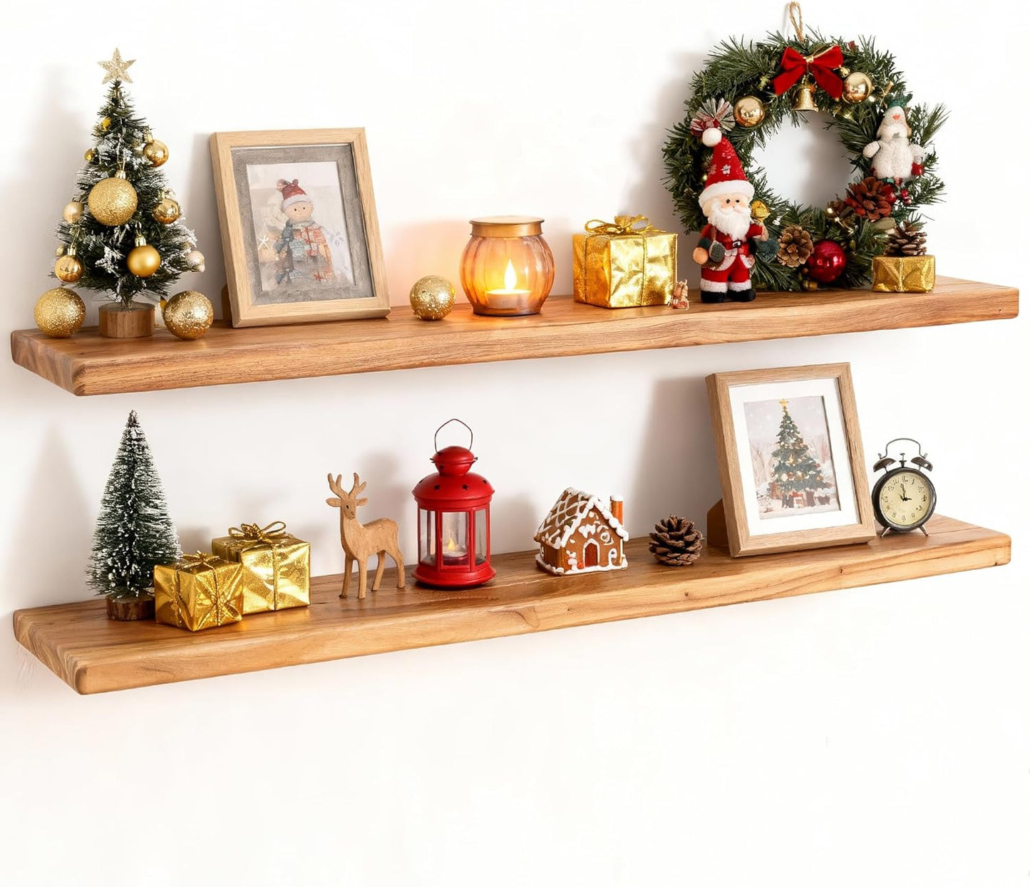 36" Rustic Elm Wood Floating Shelves, 8 Inch Deep Wall Shelves for Home Decor, Wall Mounted Floating Shelf with Invisible Bracket, Heavy-Duty Storage & Display Shelf for Living Room, Kitchen, Set of 2