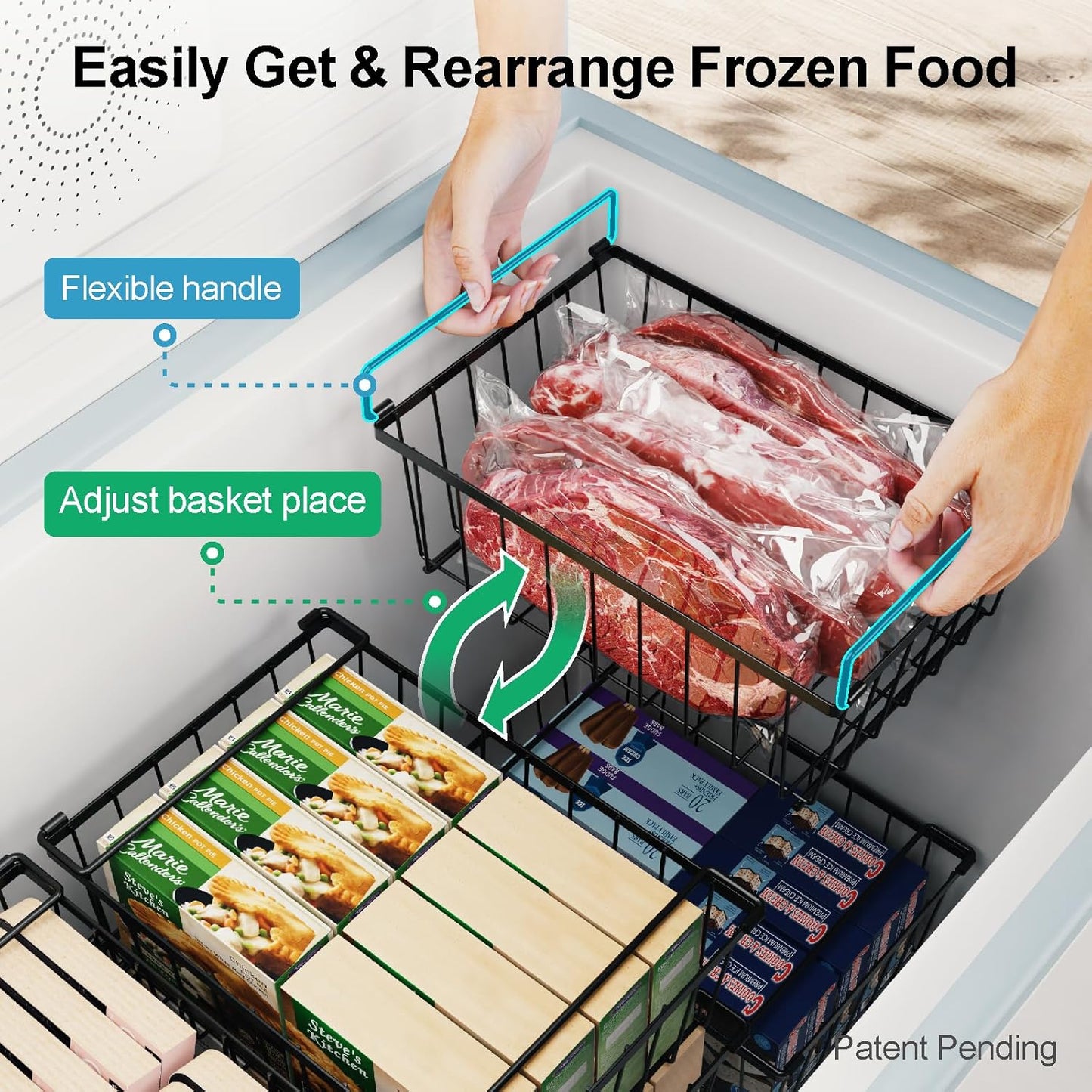 iSPECLE Freezer Organizer Bins - 4 Pack Stackable Deep Freezer Organizer Bins for 5 Cu.Ft Chest Freezer Easy Get Food from Bottom without Digging, Add Space Sort Store More Frozen Food, Black
