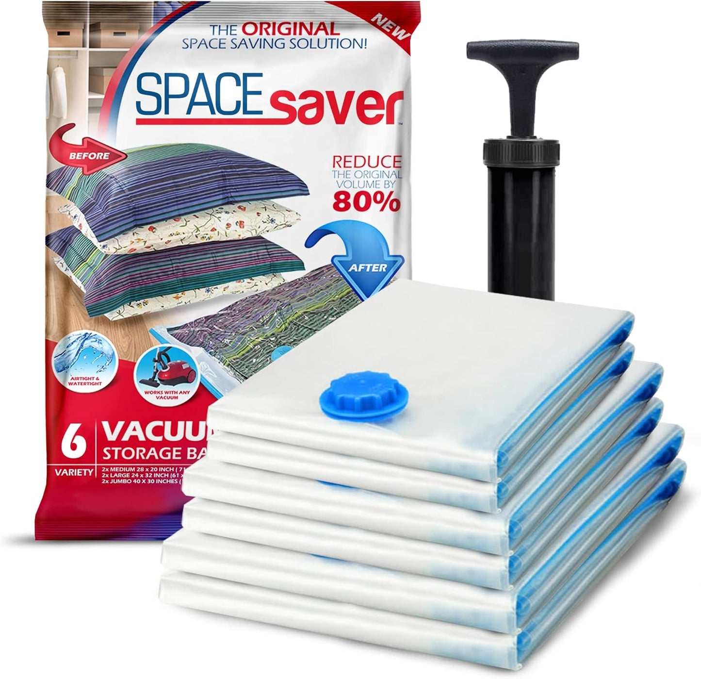 Spacesaver 6 Pack Variety Vacuum Seal Bags for Clothing, Travel, Blankets - Compression Bag with Hand Pump - Space Saver Vacuum Storage Bags for Bedding, Moving, Travel & Organization (2M, 2L&2XL)