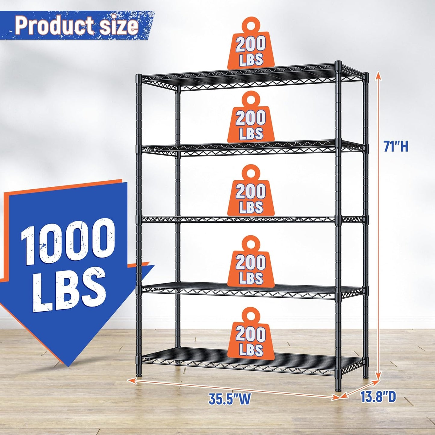 5 Tier Storage Shelves 71" H Wire Shelving Adjustable Metal Shelving,1000LBS Pantry Shelves Sturdy Steel Wire Shelf for Kitchen Commercial Pantry Garage Warehouse,71" H X35.5 W X13.8 D, Black