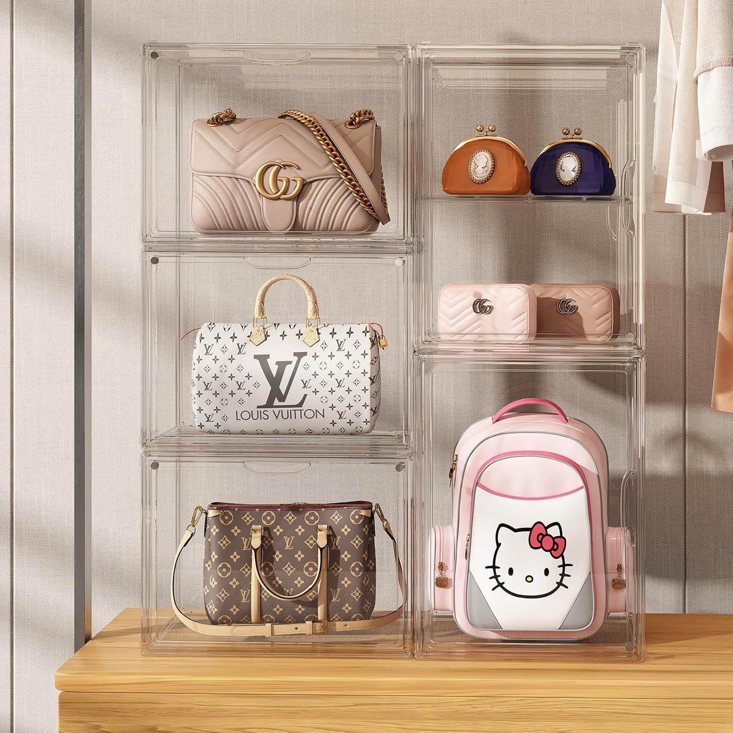 Purse Organizer for Closet, Handbag Storage Organizer Stackable Display Box with Magnetic Door, Acrylic Display Case for Collectibles, Closet Storage Bins for Figures, Wallet, Dolls