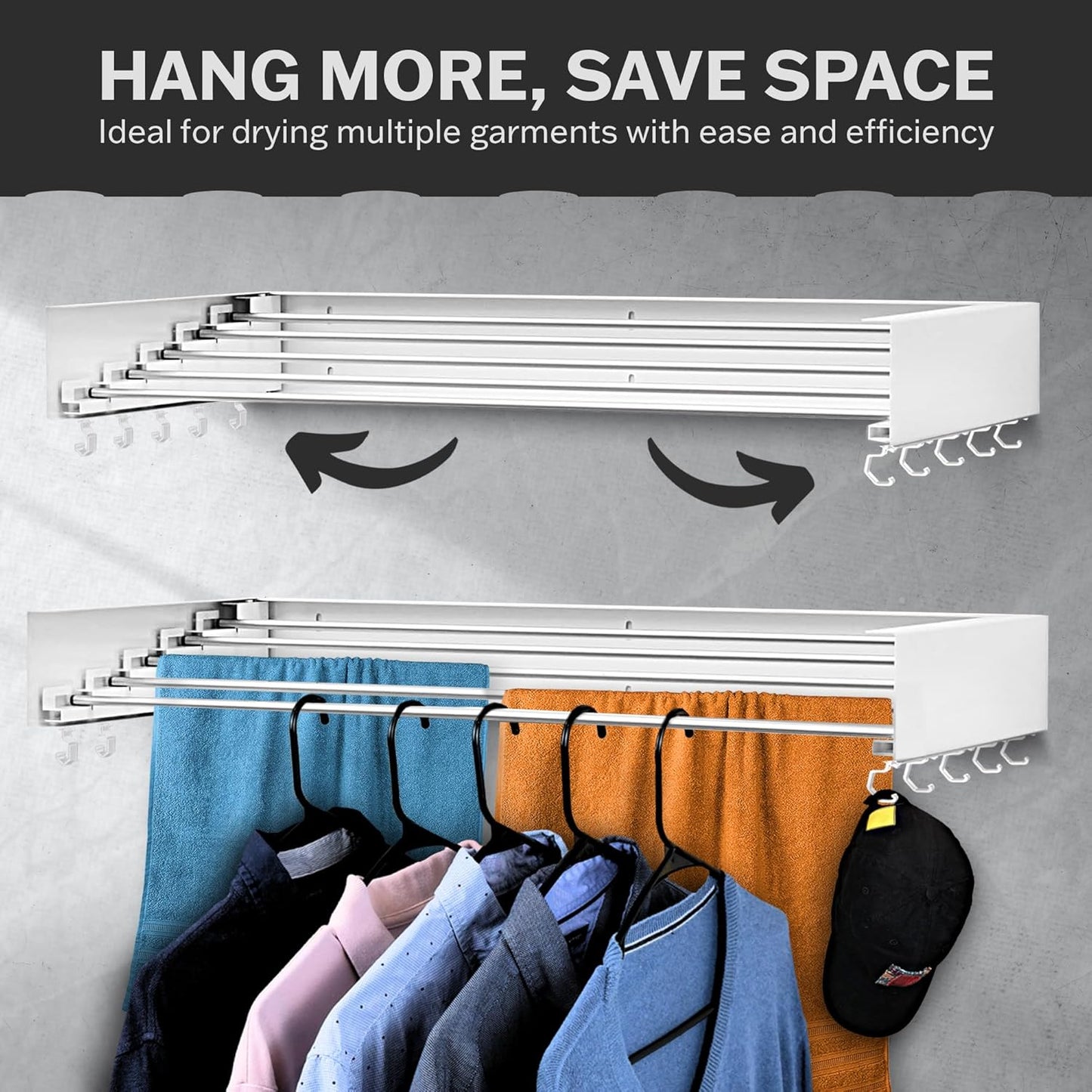 Wall Mounted Laundry Drying Rack, Retractable & Foldable, 31.5" Wide, 13.2 Linear Ft, 5 Heavy-Duty Aluminum Rods, 60 lb Capacity, Space-Saving Design, Easy Installation, Indoor/Outdoor (White)