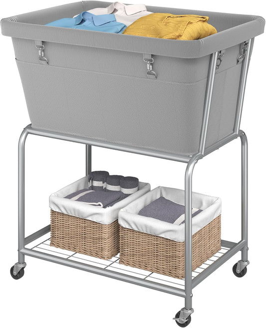 ELYKEN Laundry Cart with Wheels, Rolling Laundry Hamper with Removable Bag and Shelf, Metal Frame Laundry Basket with 4 Casters and 2 Brakes, Ideal for Bedroom, Bathroom, Laundry Room, Gray