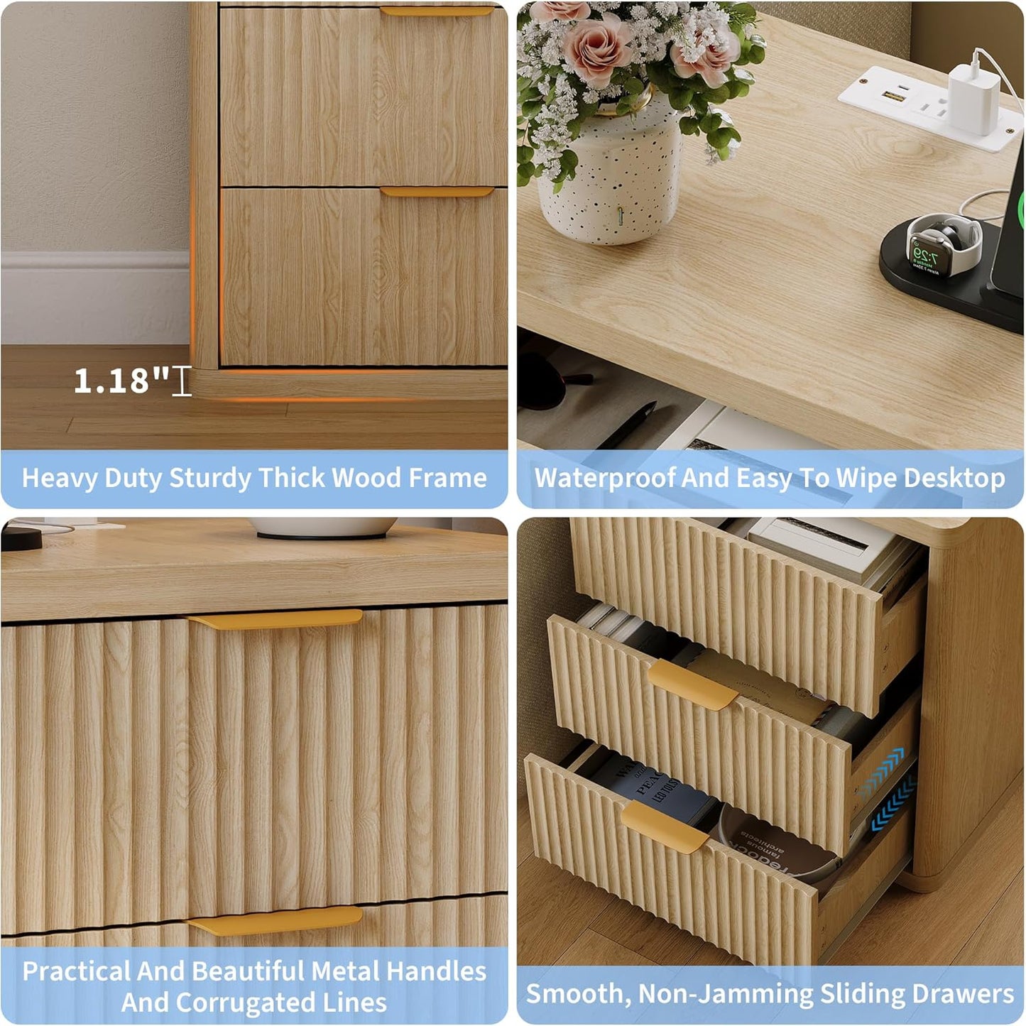 Fluted Nightstand with Charging Station, Bedside Table with 3 Drawers Storage Space, Metal Handles and Rounded Corners for Safety, Mid Century Modern End Table, Side Table for Bedroom, Living Room