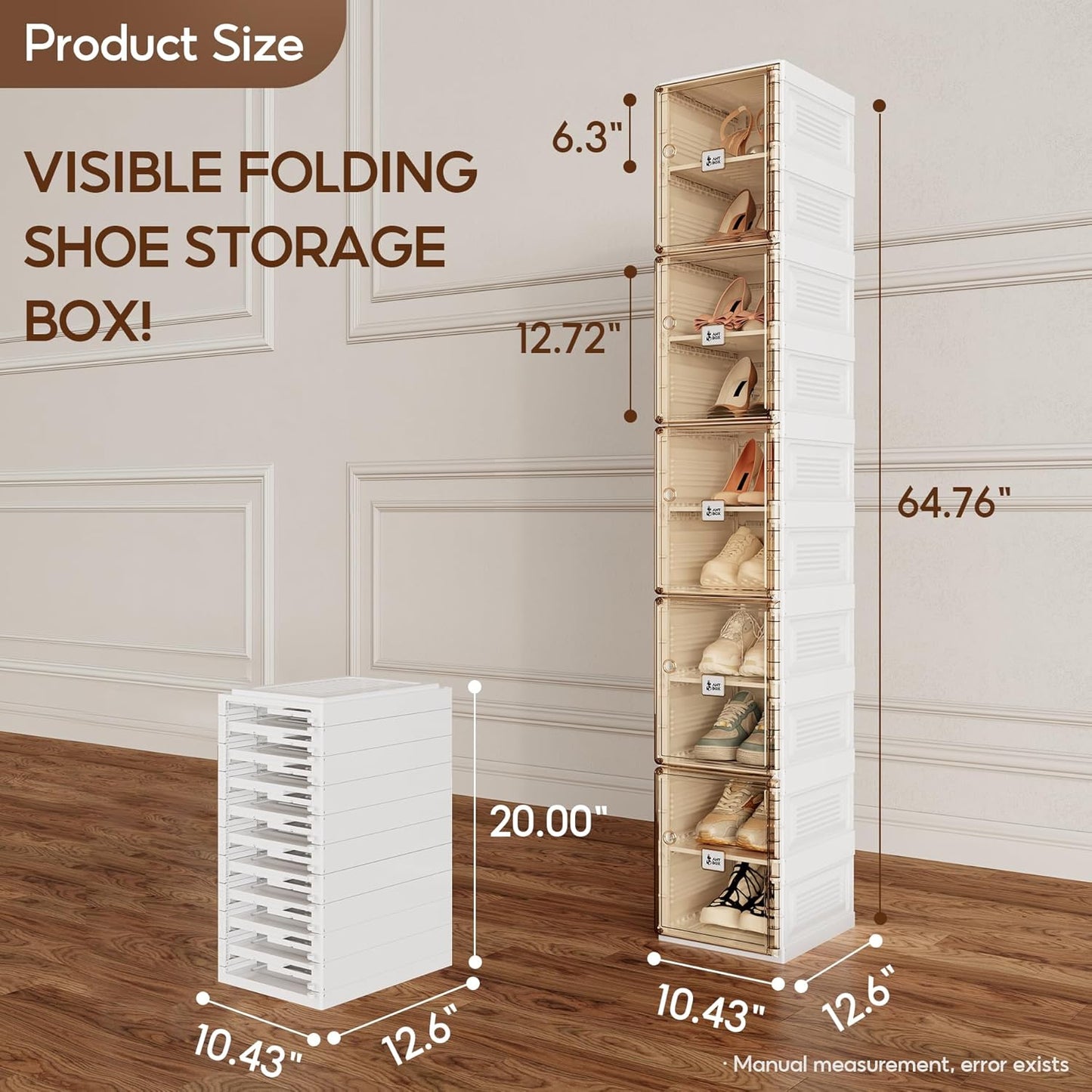 ANTBOX Shoe Organizer Storage Box, Portable Folding Shoe Rack For Closet With Magnetic Clear Door,Large Sneaker Cabinet Bins Sturdy Easy Assembly 10 Layers-10 Grids