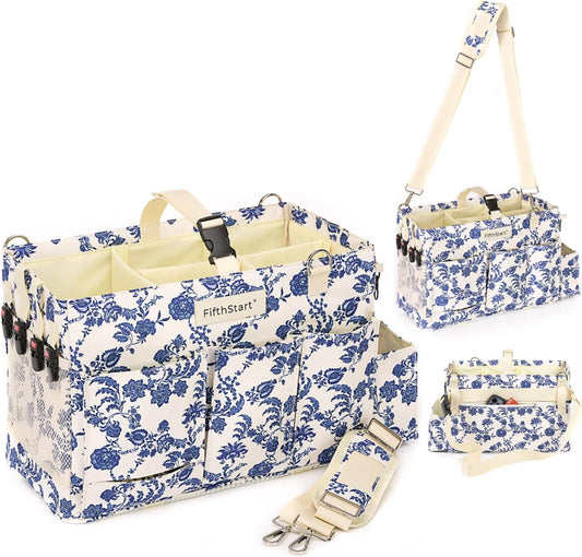 FifthStart Multiuse Large Blue Floral Diaper Caddy with Waist, Shoulder Strap, 9 Pockets, Mesh Base, and Adjustable Compartments