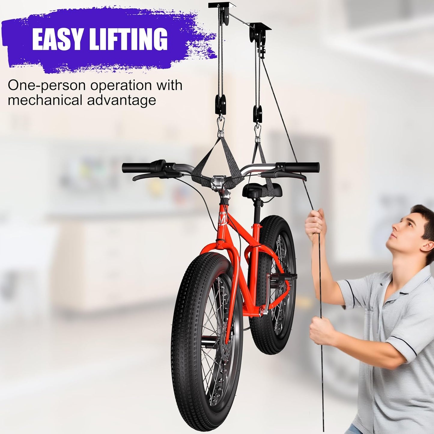 2 Pack Bike Hoist, Heavy Duty Ebike Lift Pulley System for Garage Ceiling Overhead Storage for Bicycle, Ladders, Snowboard, Holds Up to 85 lbs Capacity, Fit 10-16 Foot High Ceilings