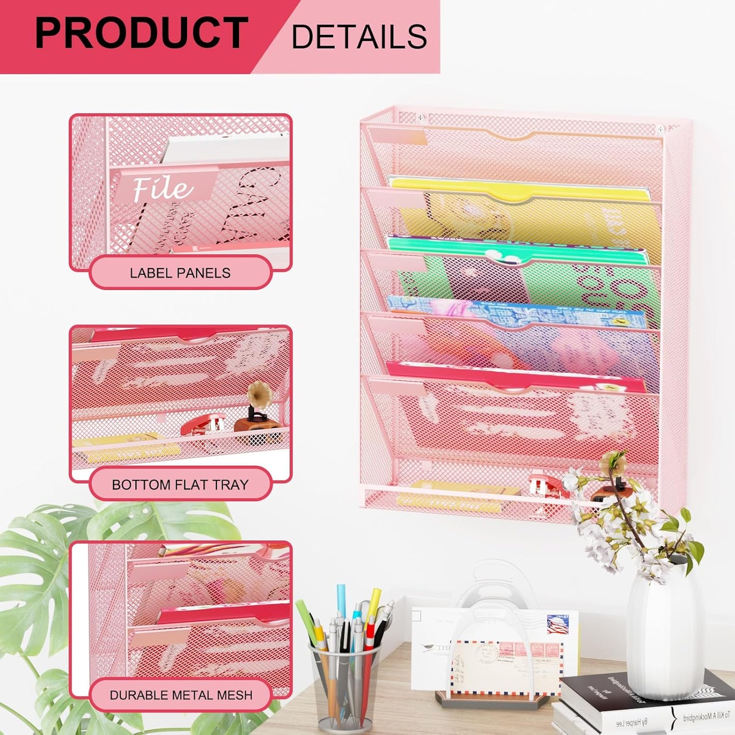 Hanging Wall File Organizer 6 Tier Wall Mounted Mail Paper Folder Holder Document Organization Stand, Vertical Desk Magazine Rack for Office Home Cubicle Countertop, Pink