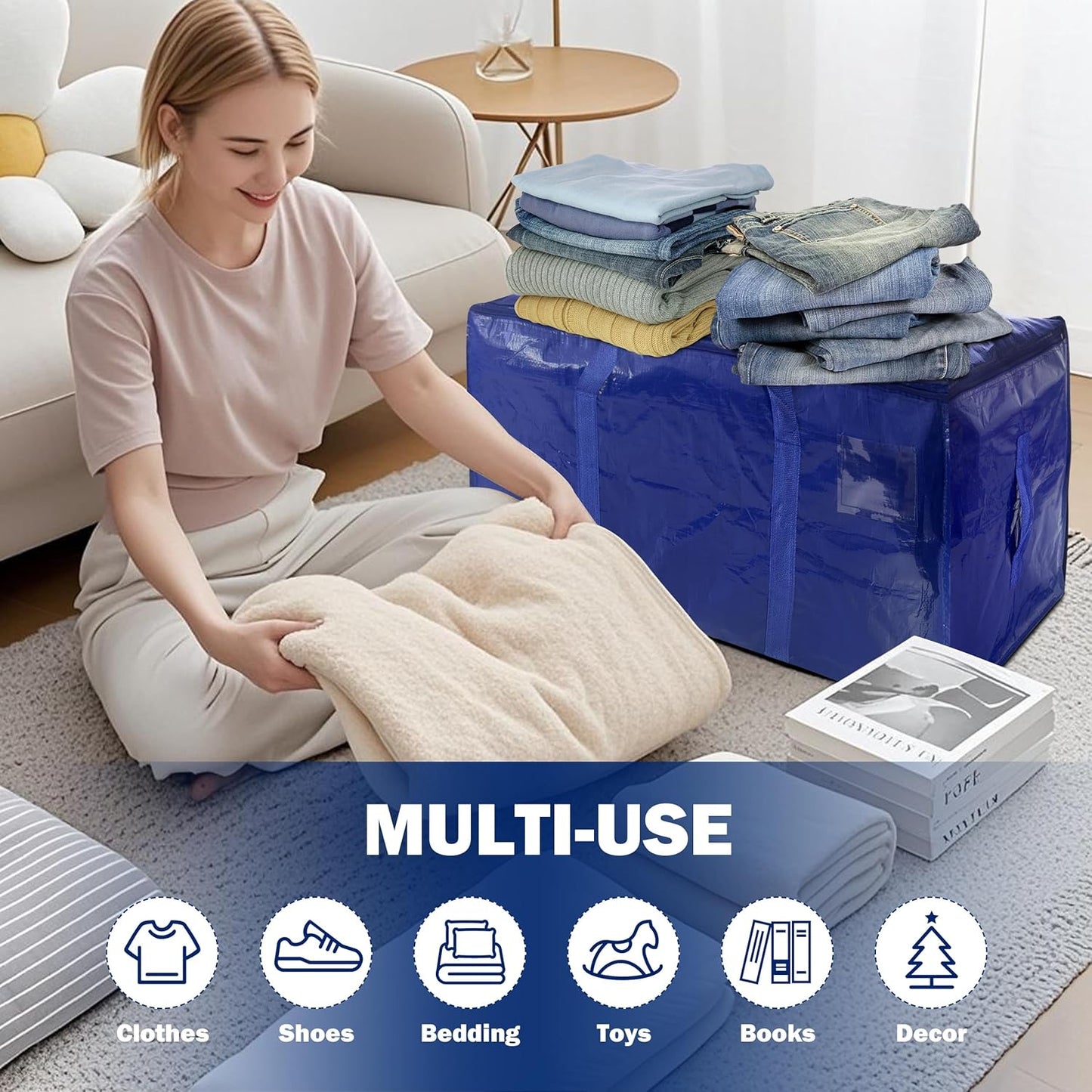 4 Pack Extra Heavy Duty Large Moving Bags with Strong Zipper & Carrying Handles, Sturdy Clothes Storage Bag Totes Bins, Packing Bags Moving Boxes College Moving Supplies, Dark Blue - 33 gal