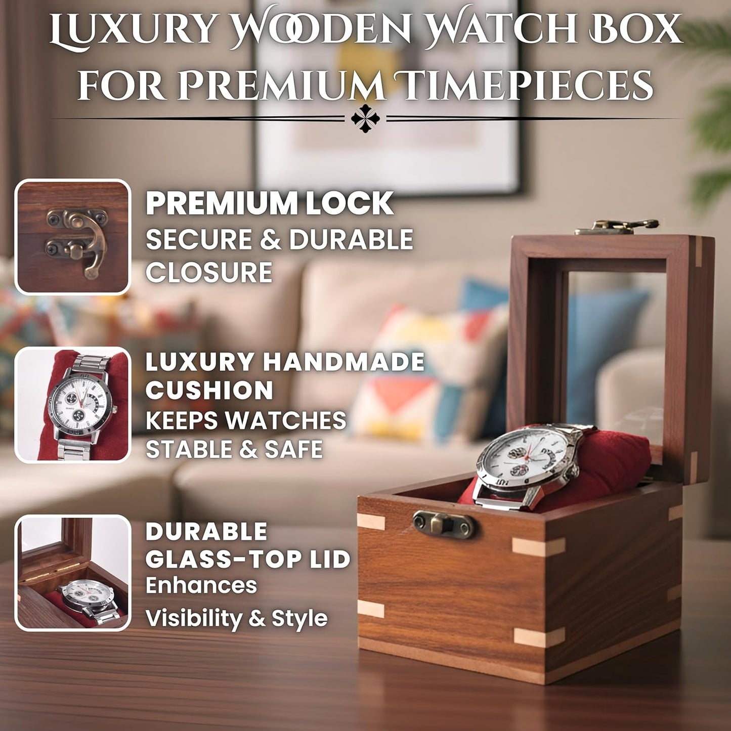 Wooden Watch Box for Men & Women, Luxury Watch Organizer & Display Case, Premium Long-Lasting Watch Holder for Storage, Elegant Gift for Watch Collectors (Glass Top, 1 Slot)