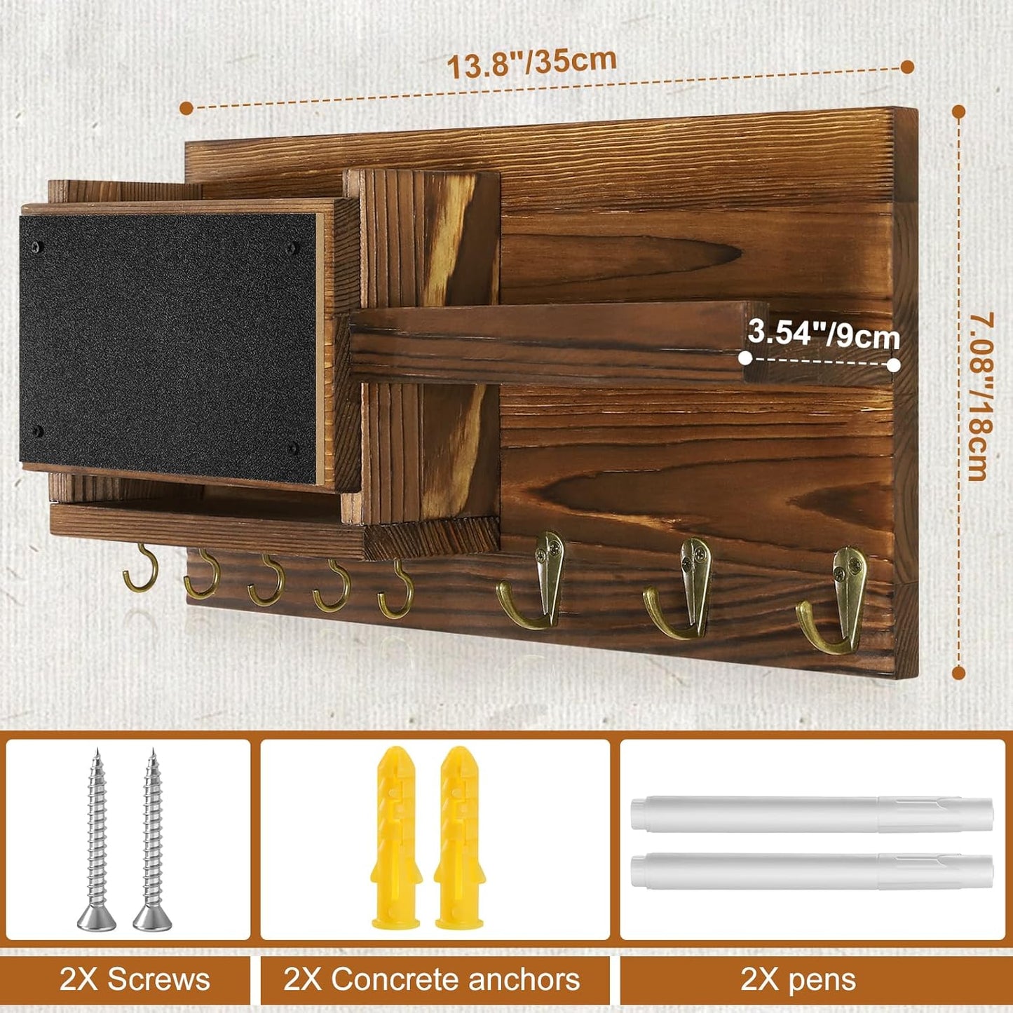 Decorative Key Hanging Rack with 8 Hooks – Easy Install Natural Wooden Key and Mail Holder for Wall Mount – Sunglasses Wallet Holder Entryway Decor with Shelf and Chalkboard (Brown)