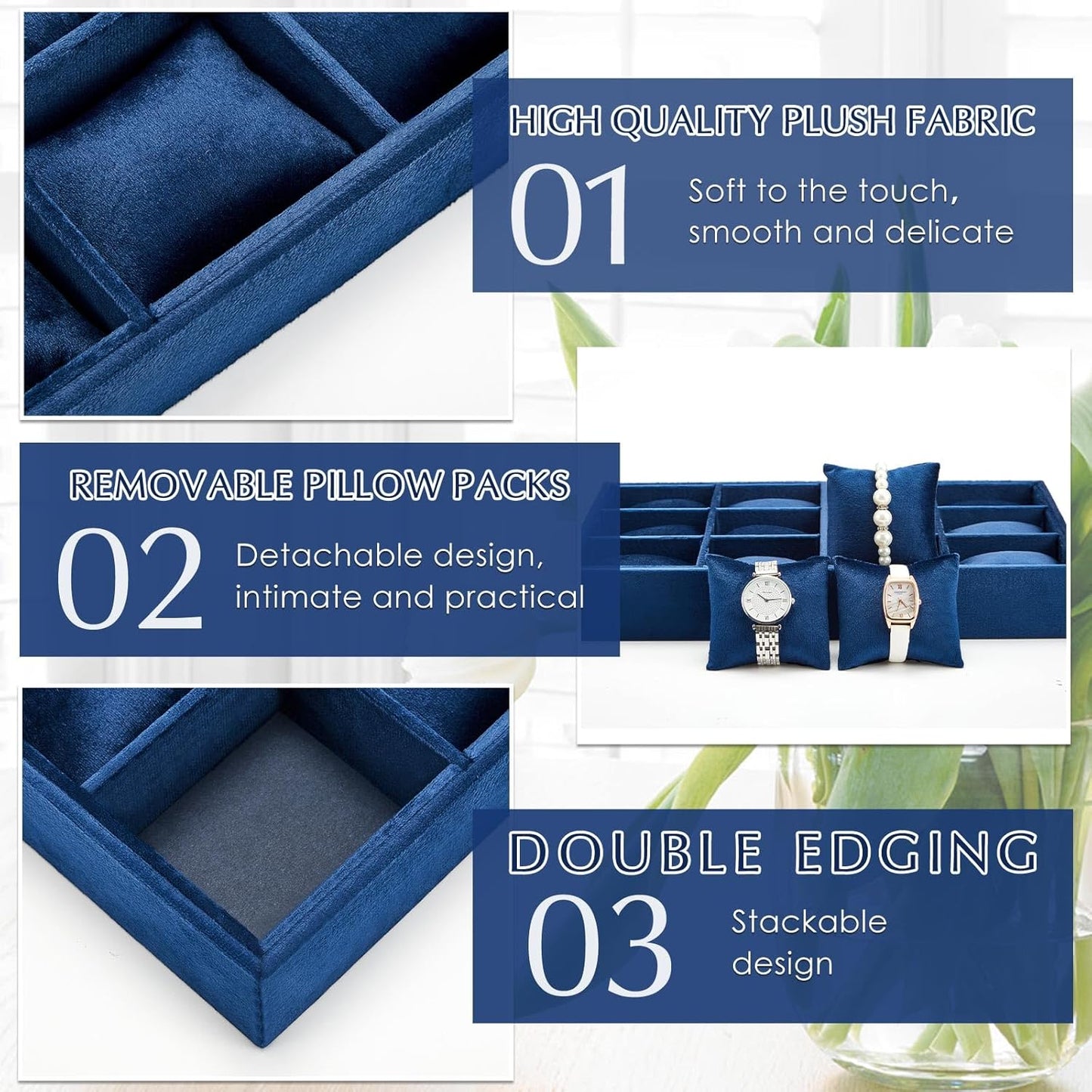 Henoyso 2 Pieces 12 Grid Velvet Watch Tray Jewelry Organizer Stackable Watch Bracelet Bangle Display Holder Adjustable Pillow(Blue)