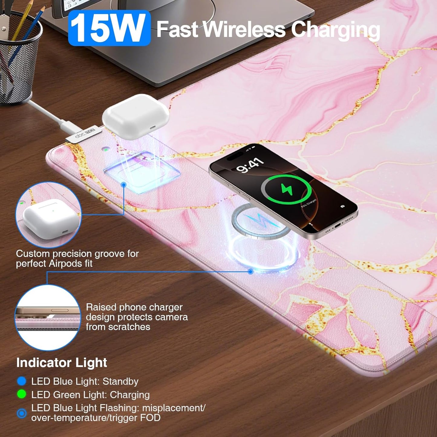 Wireless Charging Mouse Pad, 31.5"x15.8" Large Gaming Desk Mat for Keyboard/Laptop, Waterproof Ultra-Smooth Surface, Non-Slip Base, Pink Marble