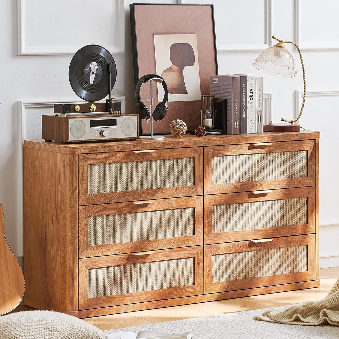 LEYAOYAO Rattan 6 Drawer Dresser for Bedroom Set of 2, 54" Wide Boho Chest of Drawers, Wooden Dressers TV Stand with Metal Handle, Storage Closet Organizer for Living Room, Hallway, Tea Brown