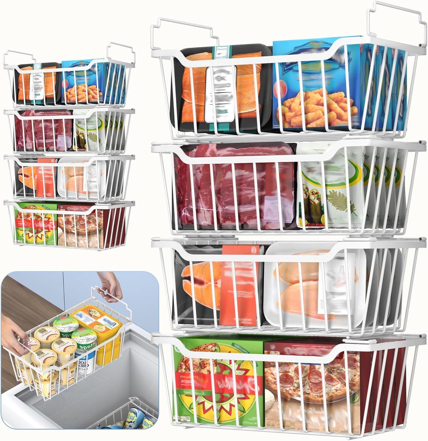 Goovilla Freezer Organizer Bins with Foldable Handle, 8 Pack Stackable Freezer Baskets for 3.5-7 Cu.FT Deep Chest Freezer Organization, White Metal Freezer Storage Bins with Better Space Utilization
