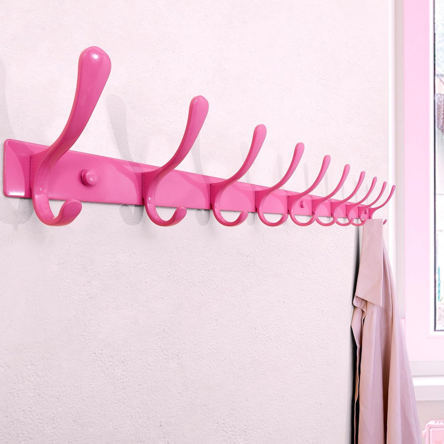 SKOLOO Coat Rack Wall Mounted - 10 Hooks, Pack of 2, Heavy Duty, Stainless Steel, Metal Wall Hanger, Sturdy Coat Hooks for Hanging Coats, Jacket, Clothes, Hat, Pink