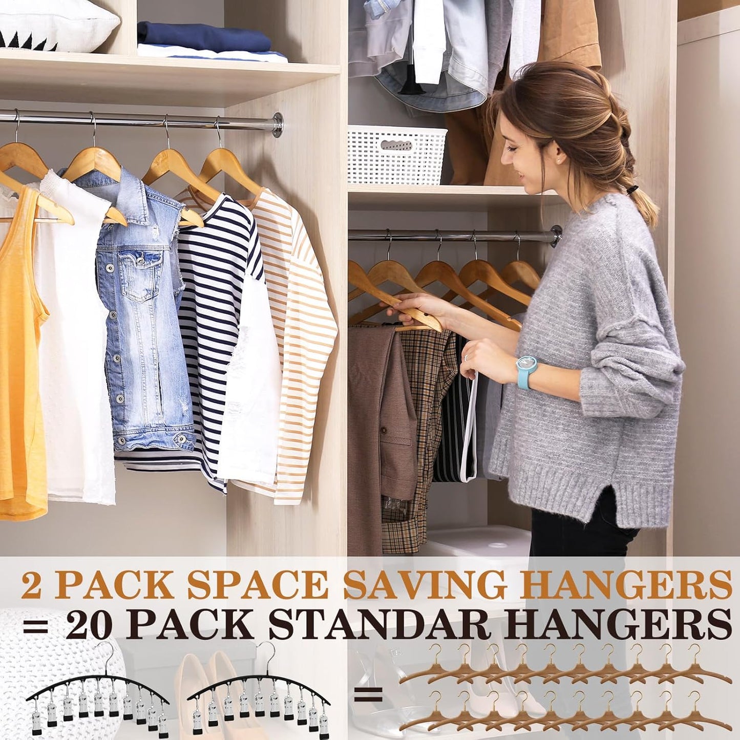 Legging Organizer for Closet, Metal Yoga Pants Hangers 2 Pack w/10 Clips Holds 20 Leggings, Space Saving, Clips Hanger for Pants, Shorts, Scarf, Hats Grey