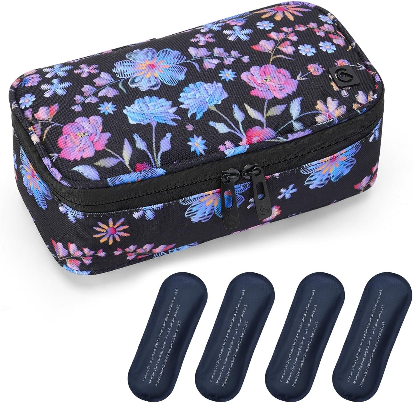ALLCAMP Insulin Cooler Travel Case Diabetic Medication Cooler with 4 Ice Pack - Medical Cooler Bag Portable and Reusable Flower Pattern (9X 4.72x 3.14 inches)