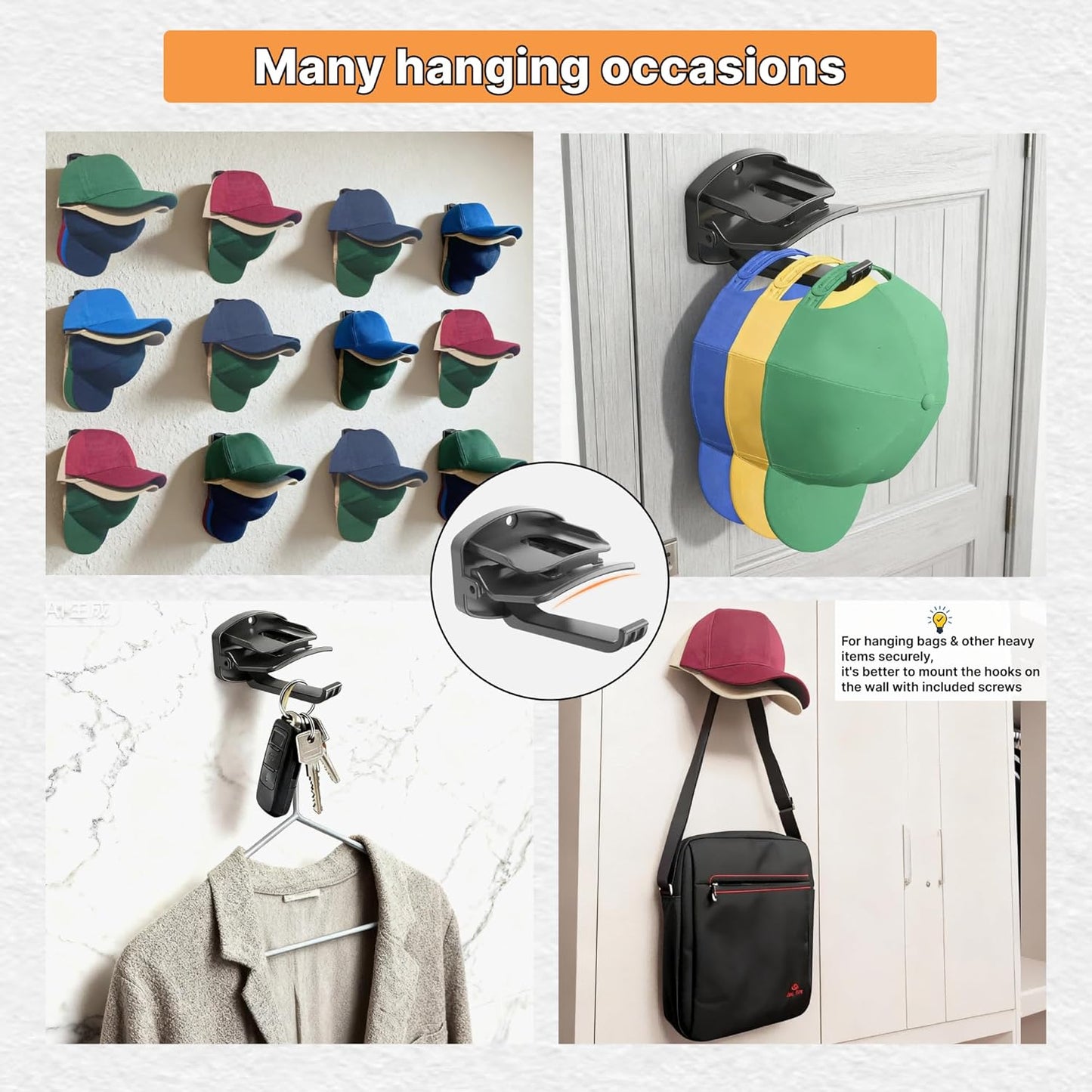 8 Packs Hat Organizer ，Holds 40 Hats with Built-in Spring Clips & Hook for Baseball Caps - Wall Mount Closet Hat Rack Holder, Storage for Door/Closet Hat Hanger (Strong Adhesive & Screws)
