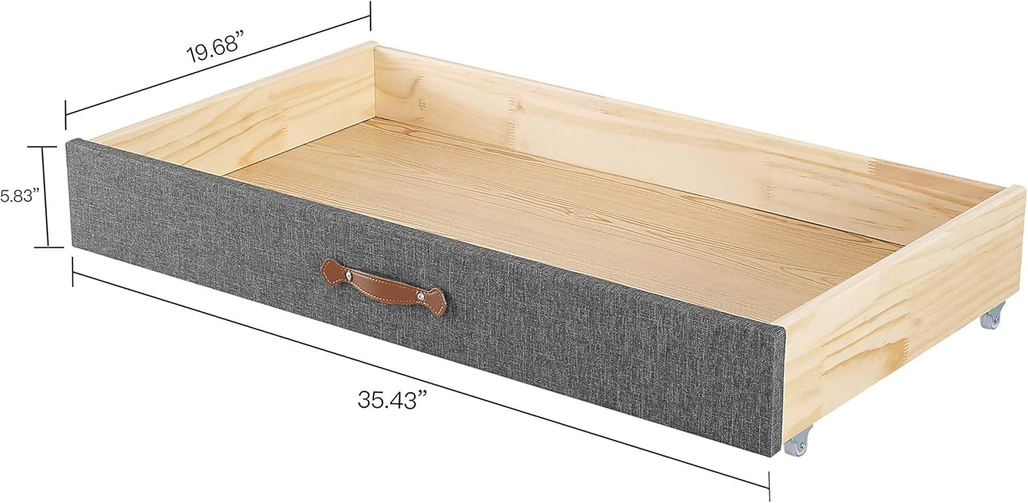 MUSEHOMEINC Upholstered Solid Wood Under Bed Storage Drawer with 4-Wheels for Bedroom/Leather Handle,Wooden Underbed Storage Organizer,Drawer Under Bed,Suggested for Twin and Full Size Platform Bed