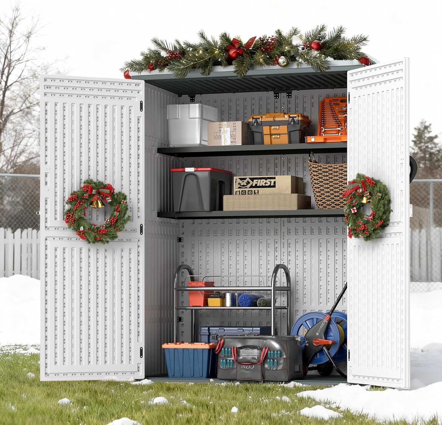 EHHLY Vertical Resin Storage Shed with 2 Shelves, 60 Cuft Garden Tool Sheds & Outdoor Storage, Plastic Outdoor Storage Cabinet Waterproof, 4.5 x 2.3 ft Outside Lawn Mower Storage Shed, Light Grey