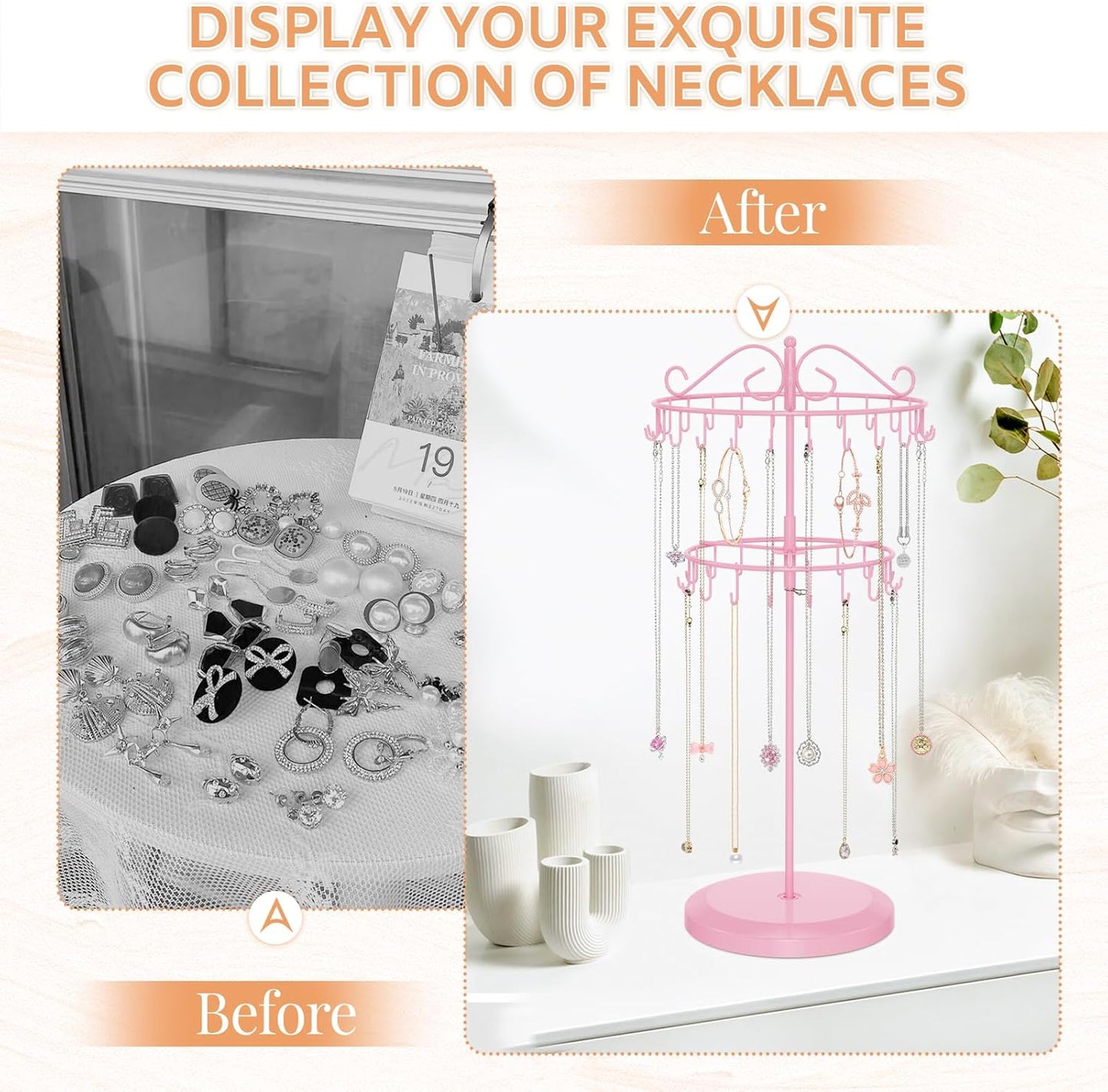 iDavosic.ly 2 Tier Rotating Necklace Holder Organizer with 42 Hooks, Adjustable Metal Bracelet Display Stand Rack, Extra Tall Keychain Spinning Tree Tower for Women, Pink