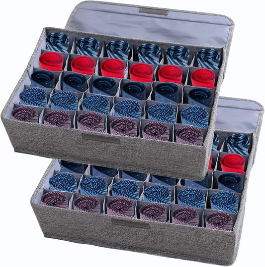 AARAINBOW 2 Packs Underwear Socks Ties Storage Organizer with Lids Foldable Closet Drawer Organizer 60 Cells, Fabric Wardrobe Divider Storage Boxes for Scarves and Lingerie (30 Cell, 2 Gray)
