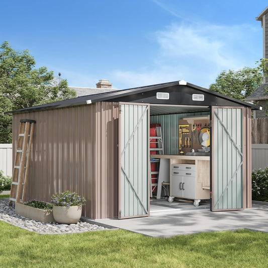 Aoxun 10 x 12FT Shed with Base Utility Garden Galvanized Steel Shed with Lockable Door & Sloped Roof Metal Sheds Outdoor Storage for Garden, Backyard, Patio and Backyard (Brown/Base Included)